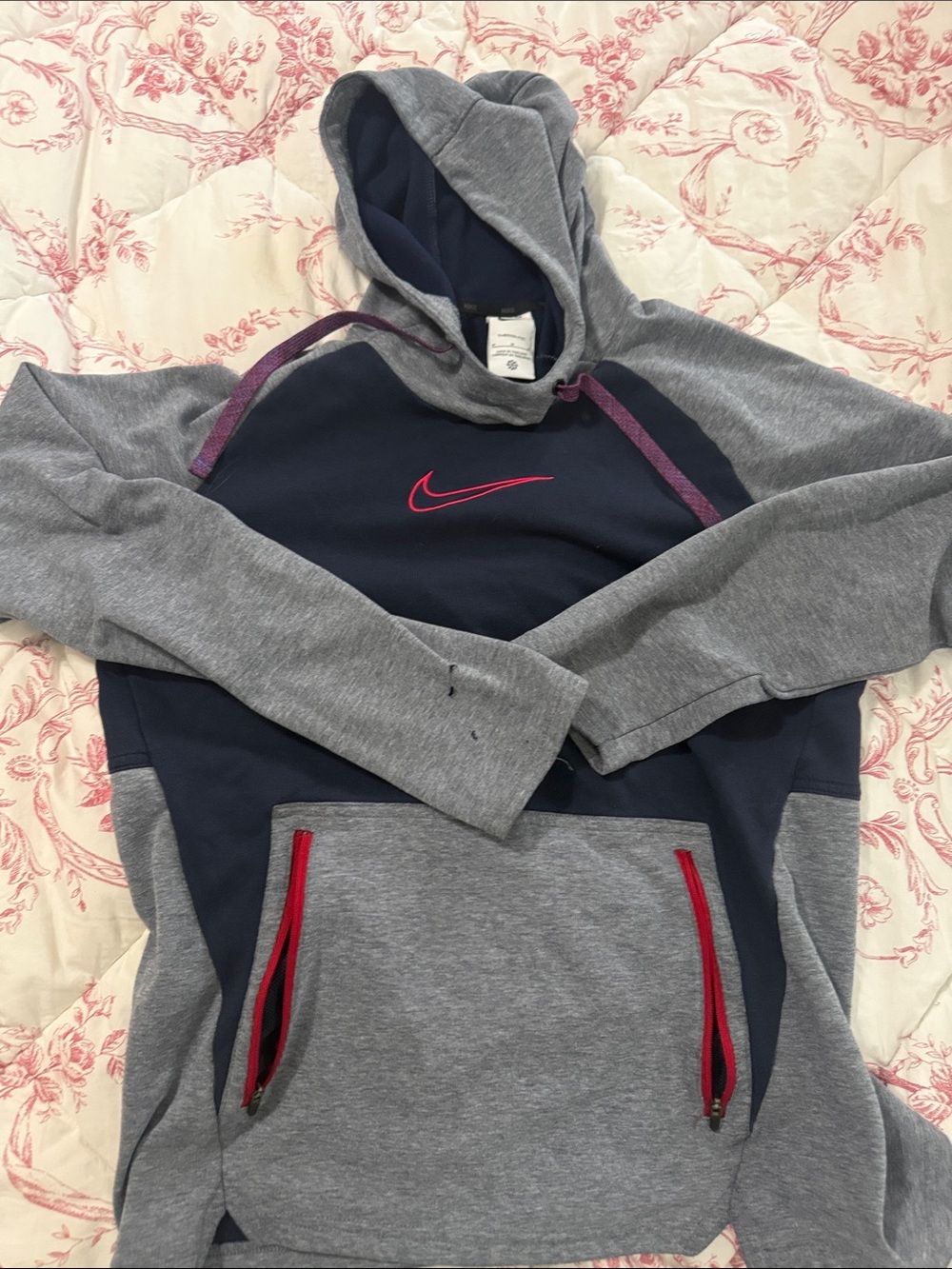 Nike Navy and Gray Hooded Sweatshirt with Pink Swoosh